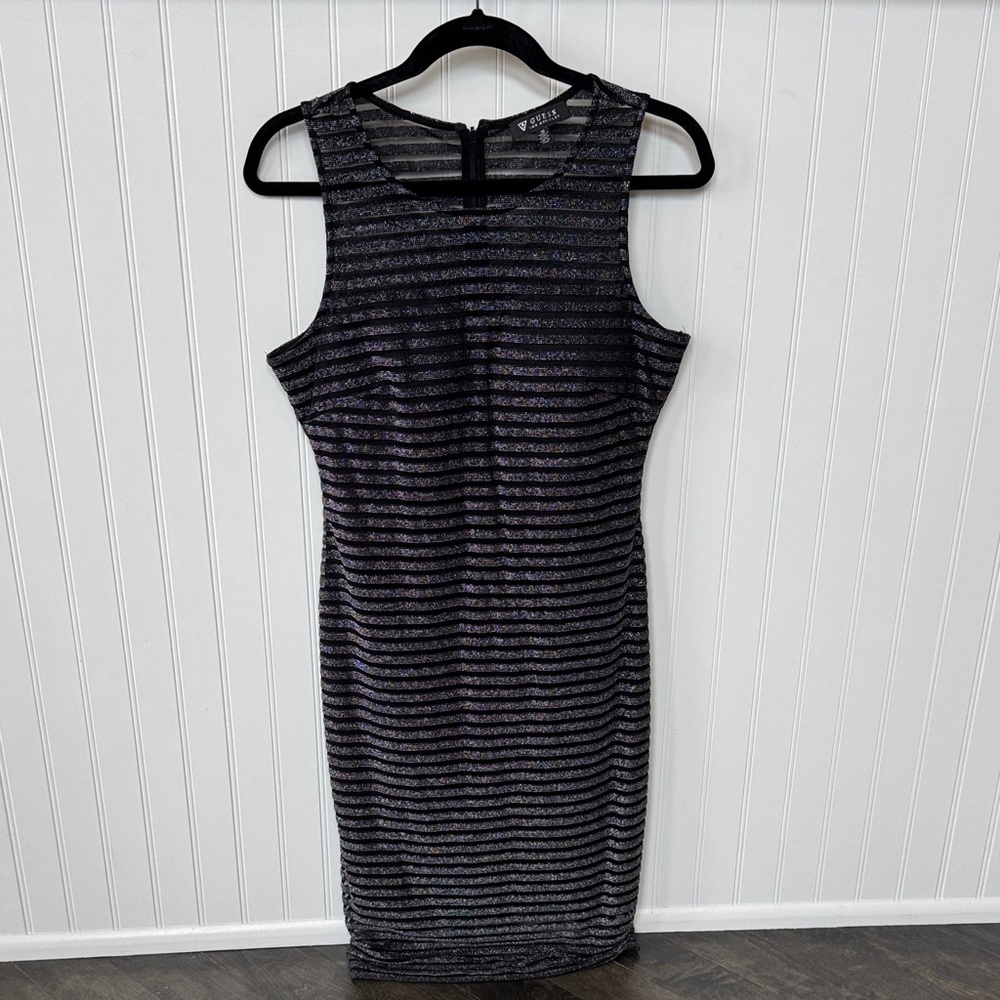 Guess Black and Silver Striped Midi Dress